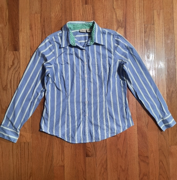 L.L. Bean Tops - L.L.Bean Button Down Blouse, Women's Medium, Blue, Green, White Stripe/Dots